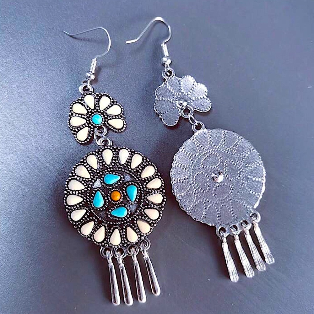 Boho Turquoise and White Stone Dangle Earrings - Picture 6 of 8